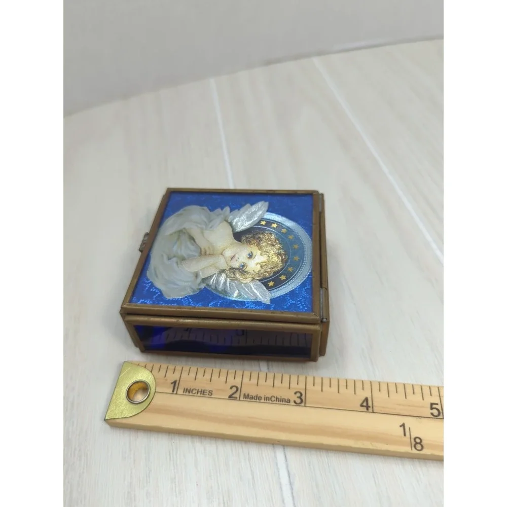 Enesco Blue Glass Brass Thomas Cathey Angel Trinket Jewelry Box Mirror Vintage